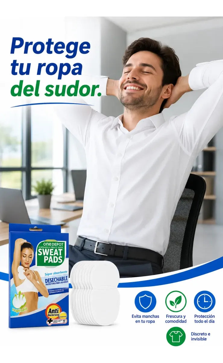 Hombre relajado en la oficina, protegido del sudor con Sweat Pads
