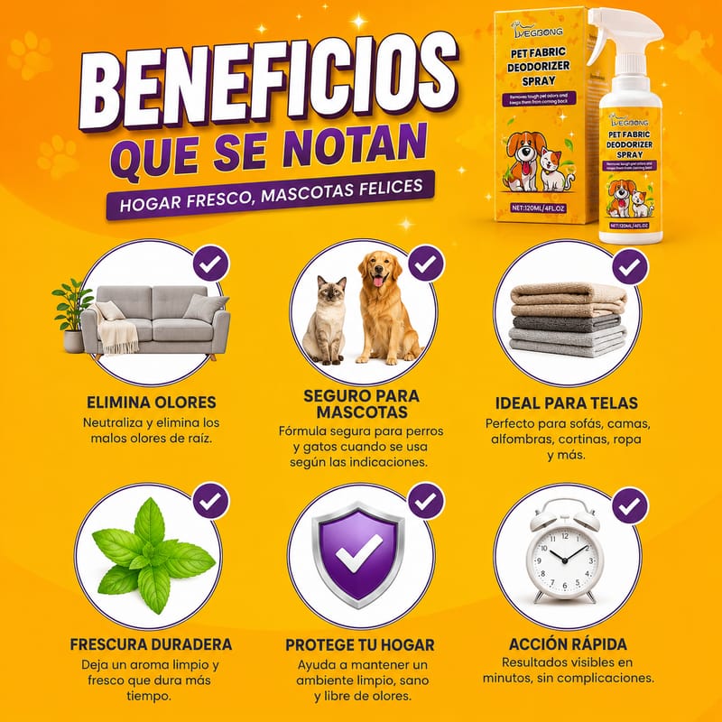 Beneficios del spray: elimina olores, seguro para mascotas, ideal para telas