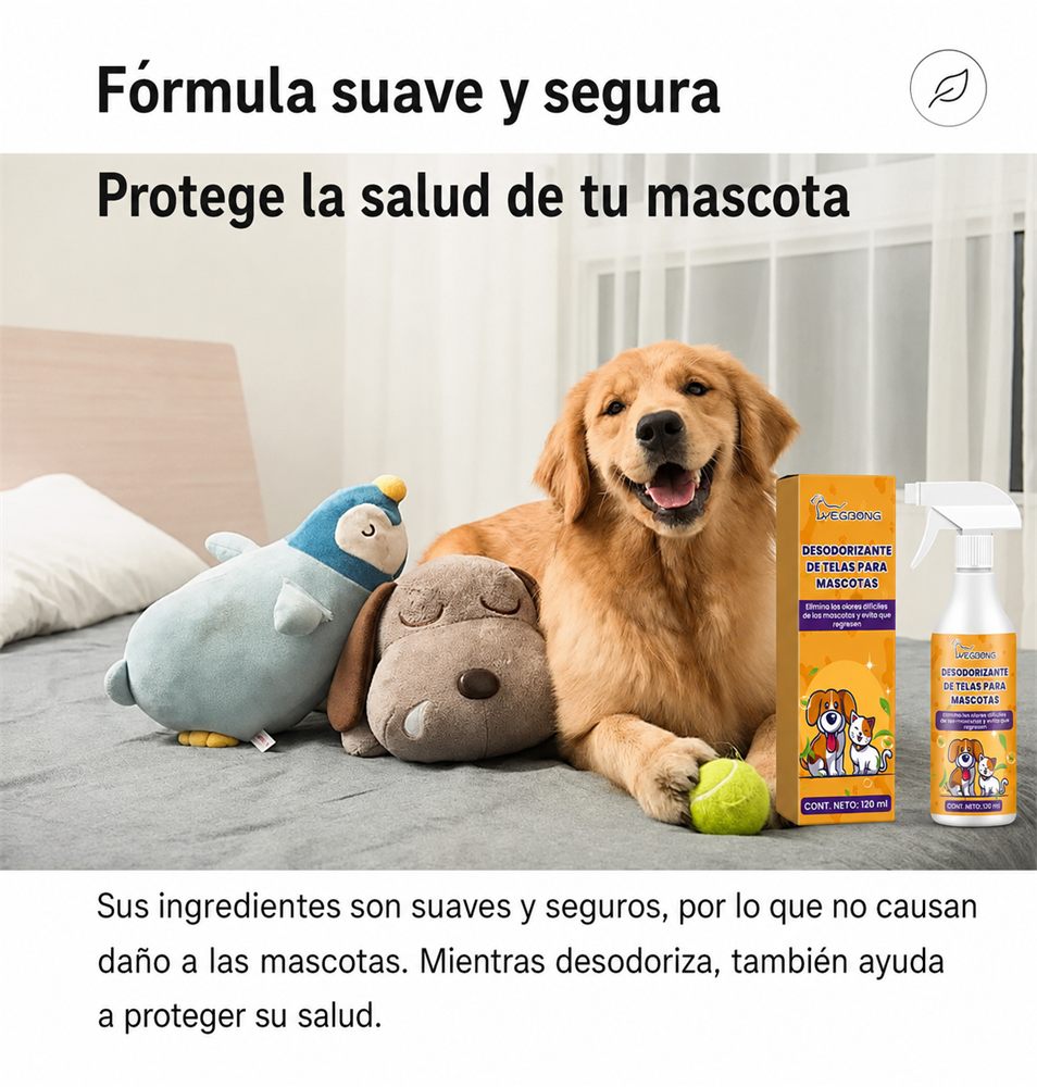 Perro junto a la caja y botella del spray, fórmula suave y segura