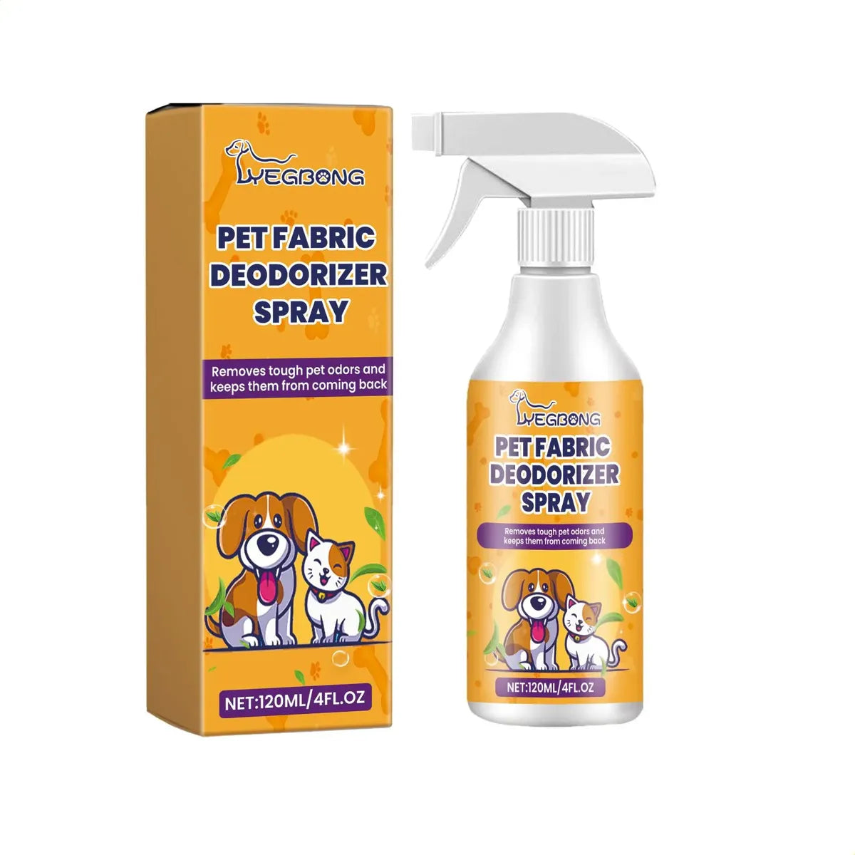 Spray desodorizante para telas de mascotas, botella y caja