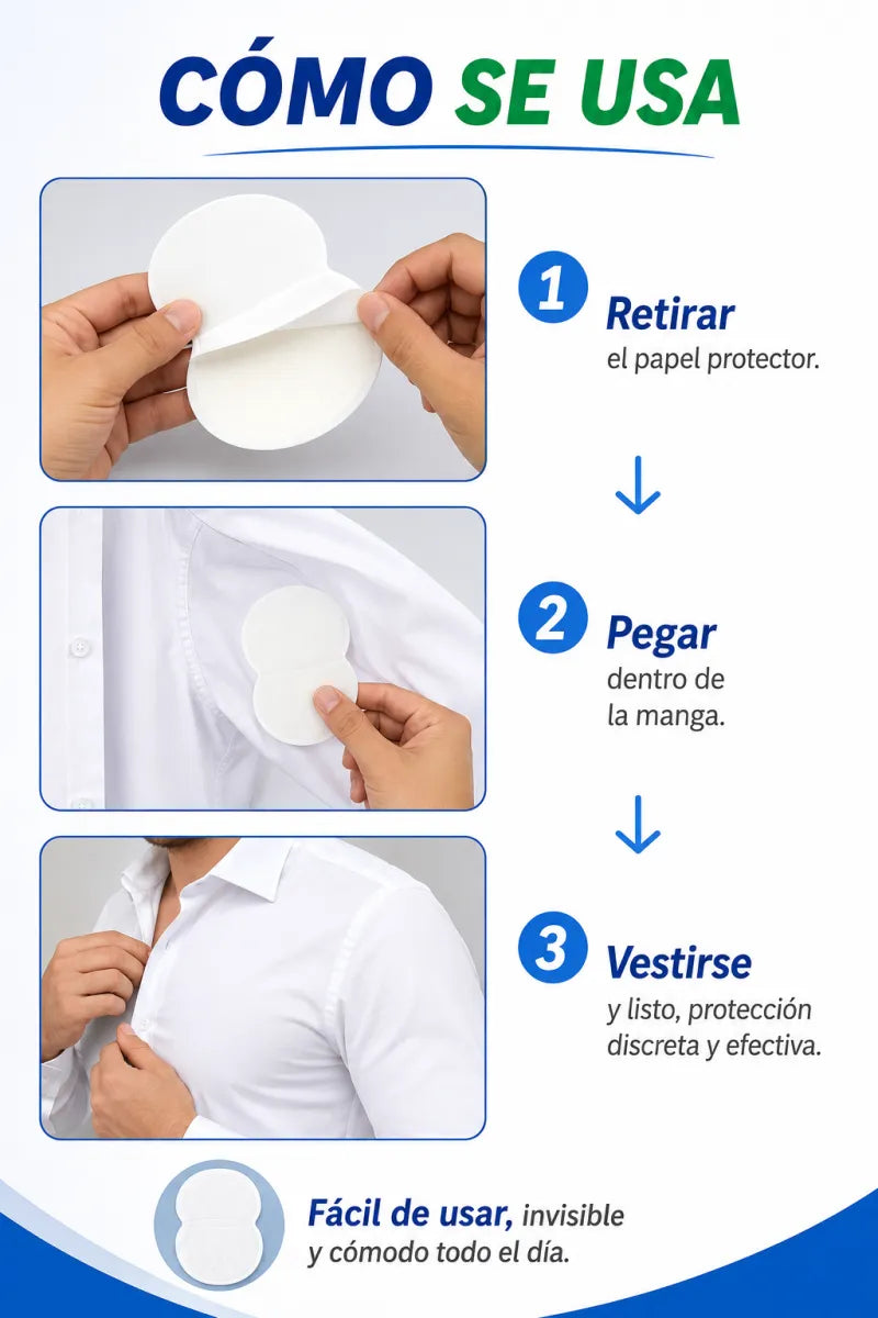 Cómo usar Sweat Pads en 3 pasos: retirar el papel, pegar dentro de la manga y vestirse