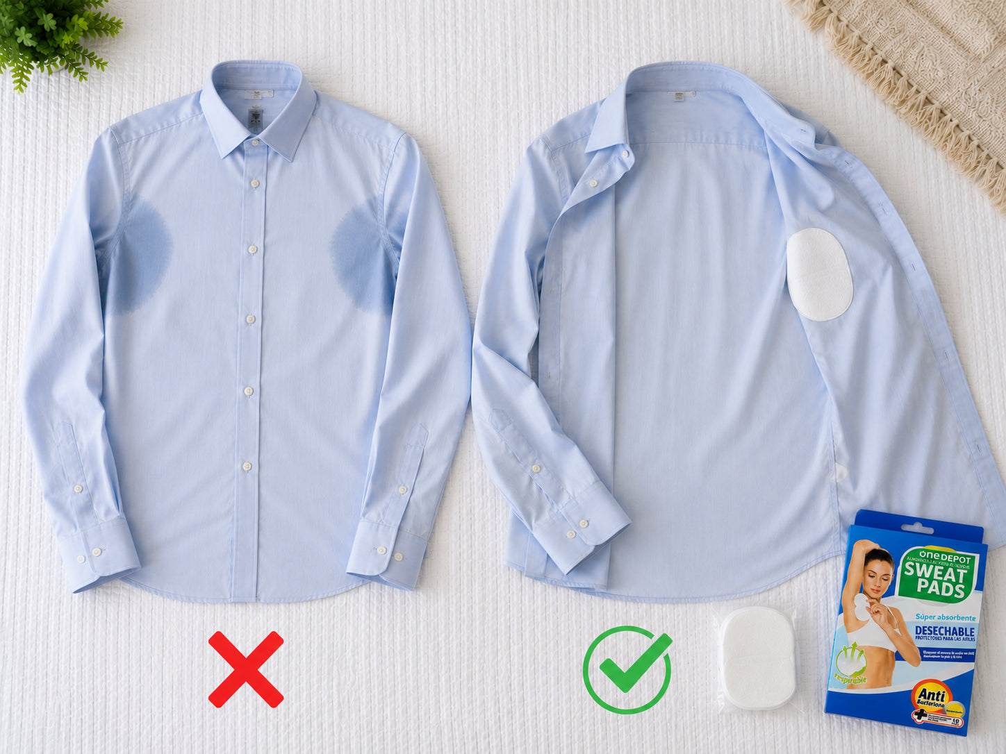 Camisa con mancha visible de sudor sin protector, junto a camisa protegida con Sweat Pads sin manchas